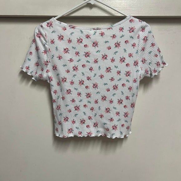 H&M Button Front Ribbed White Pink Rose Floral Top - Picture 2 of 4